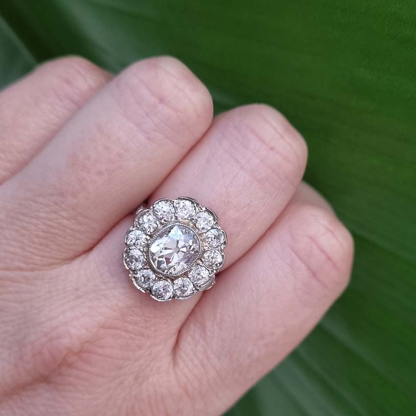 Antique Old Cushion Cut Diamond Cluster Ring, 3.63 carat total