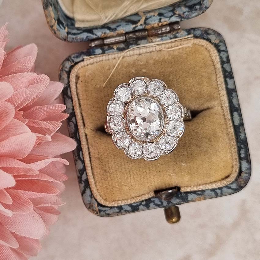 Antique Old Cushion Cut Diamond Cluster Ring, 3.63 carat total