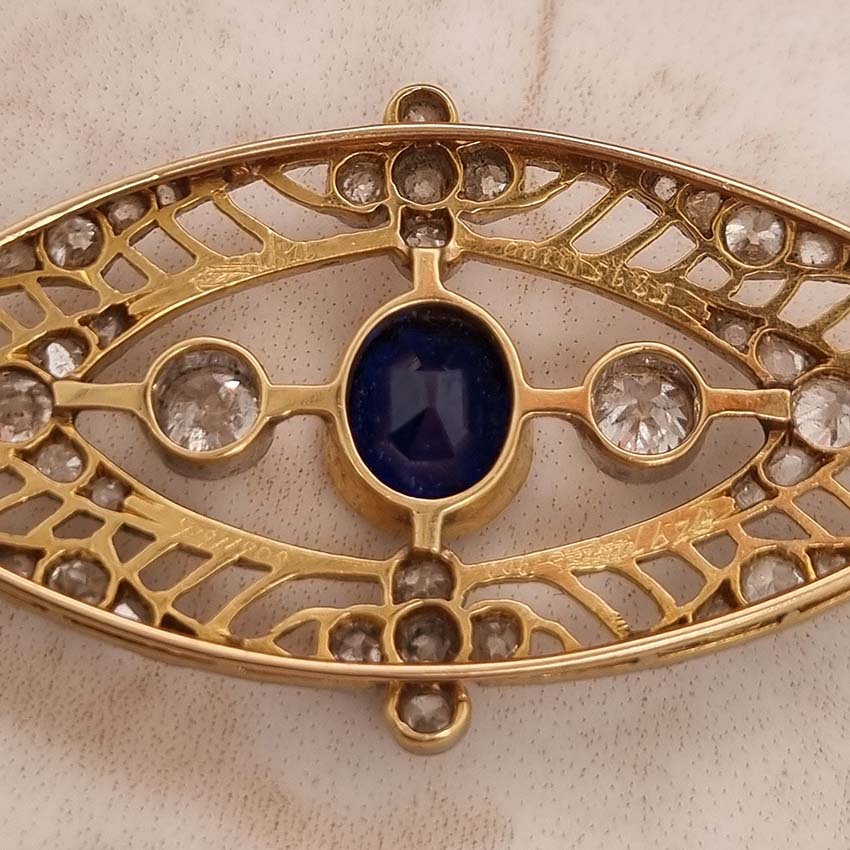 Edwardian Antique 1ct Sapphire and Diamond Navette Brooch