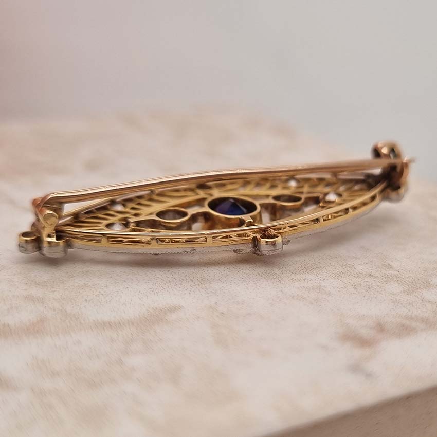 Edwardian Antique 1ct Sapphire and Diamond Navette Brooch