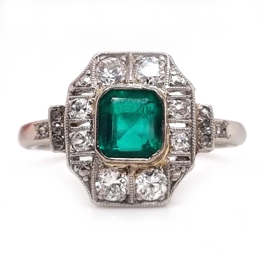 Art Deco Emerald and Diamond Cluster Dress Ring