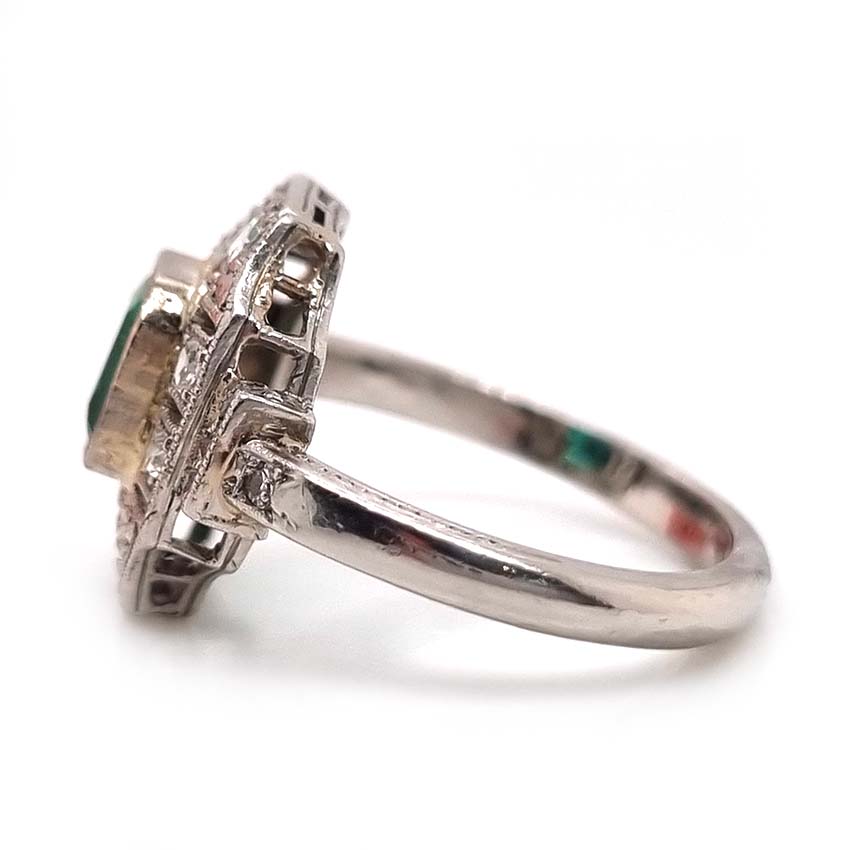 Art Deco Emerald and Diamond Cluster Dress Ring