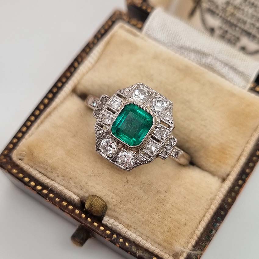 Art Deco Emerald and Diamond Cluster Dress Ring