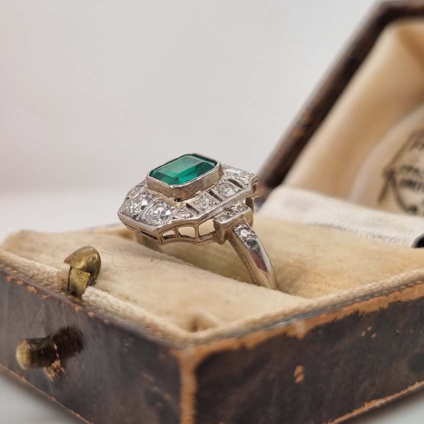 Art Deco Emerald and Diamond Cluster Dress Ring