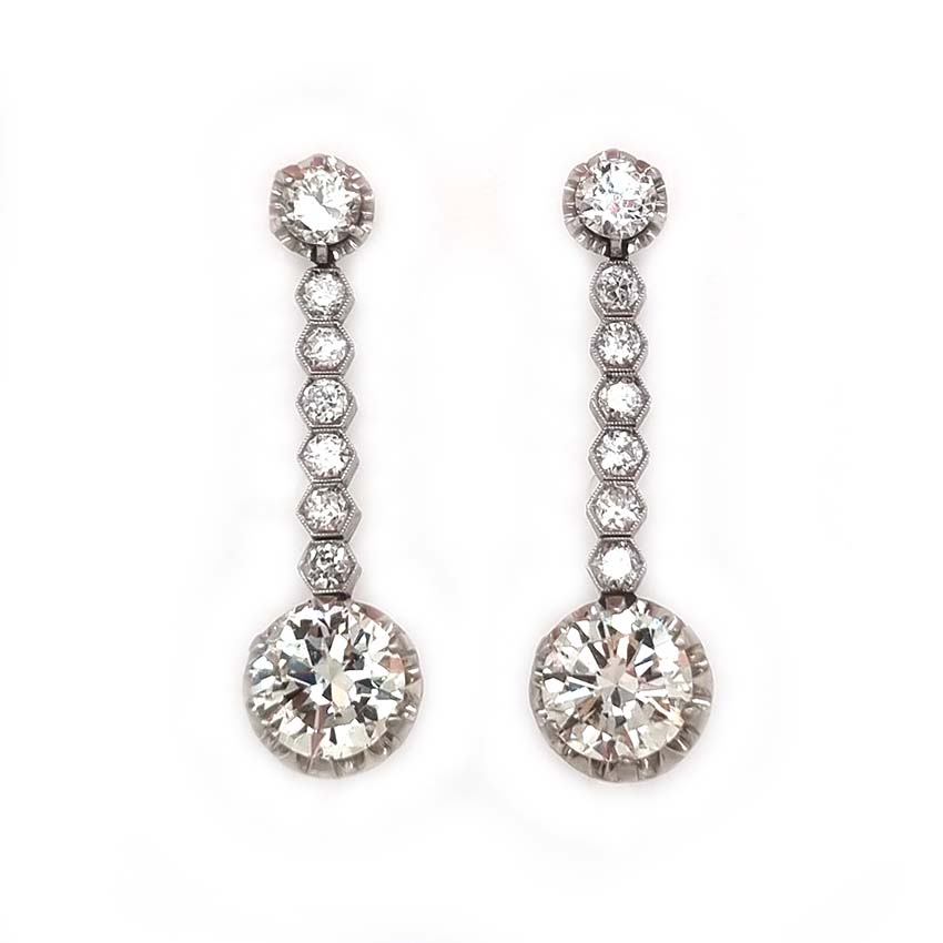 Art Deco Diamond Drop Earrings, 3.21 carats