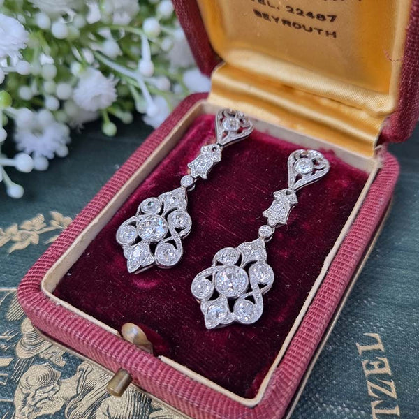 Antique Belle epoque Old Cut Diamond Drop Earrings. Platinum 