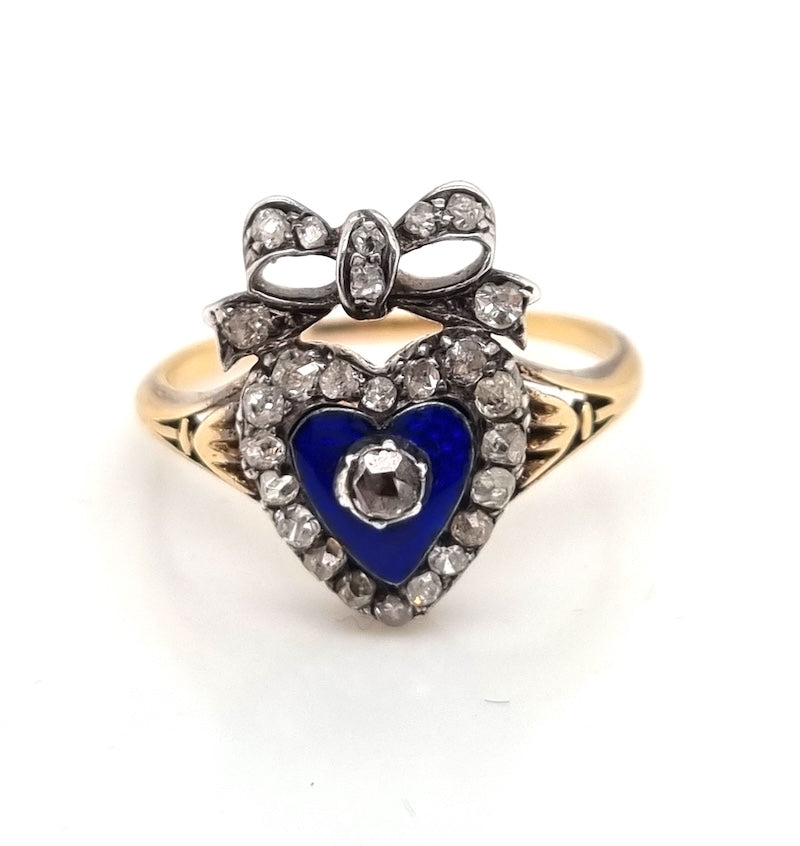 Victorian Blue Enamel and Diamond Heart Ring