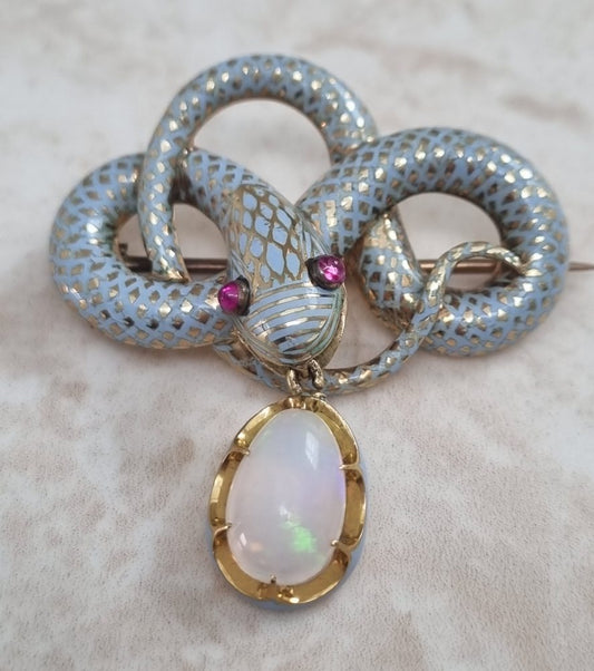 Antique Victorian light blue enamel and diamond serpent snake brooch 1840