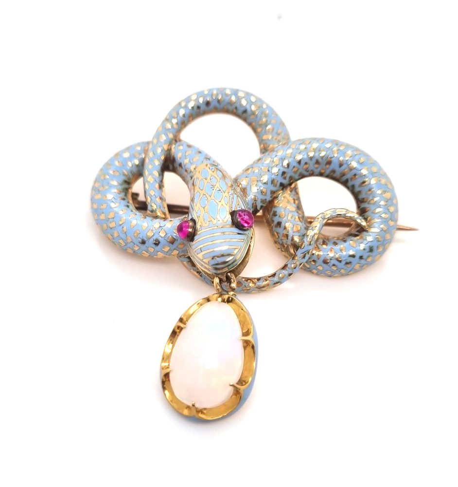 Antique Victorian Blue Enamel and Diamond Snake Brooch