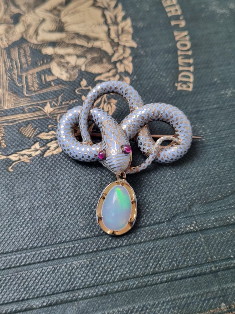 Antique Victorian Blue Enamel and Diamond Snake Brooch