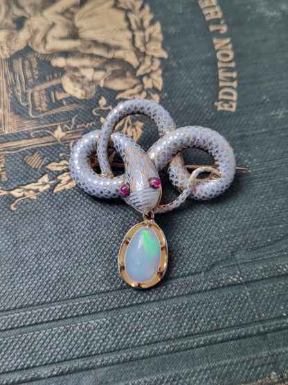Antique Victorian Blue Enamel and Diamond Snake Brooch