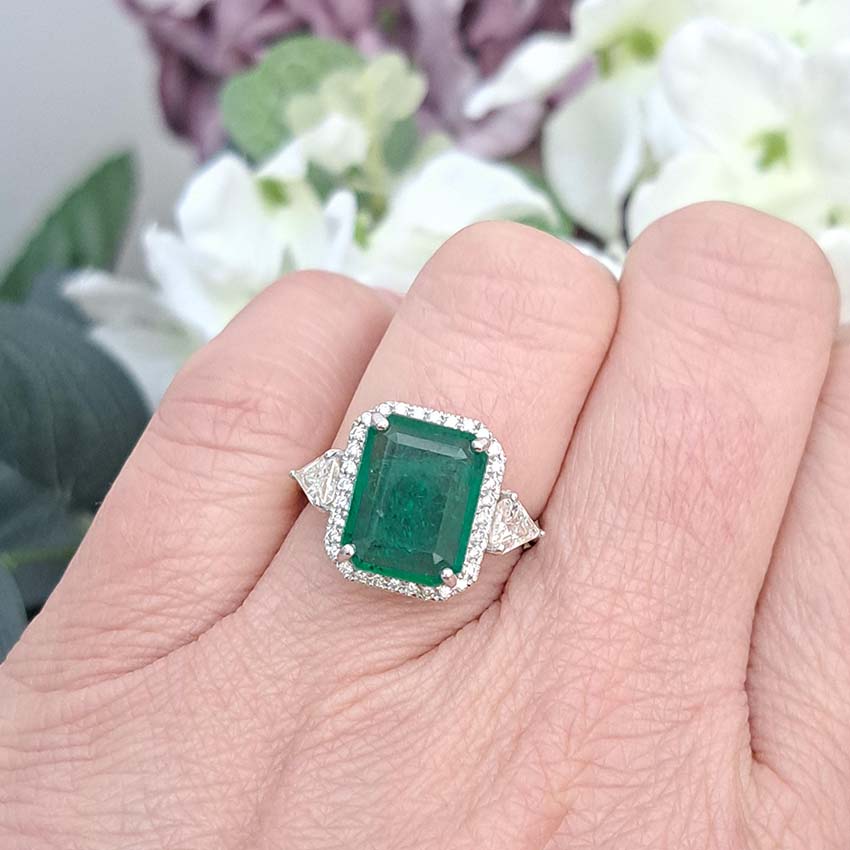 3.85ct Emerald and Diamond Cluster Ring with Trillion Diamond Sides