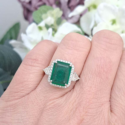 3.85ct Emerald and Diamond Cluster Ring with Trillion Diamond Sides