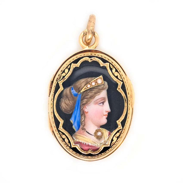 Antique Enamel and Gold Portrait Locket Pendant