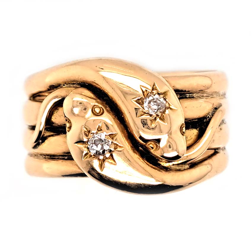 Antique Diamond Set 18ct Yellow Gold Double Snake Ring, two entwinned snakes with old mine-cut diamond to the heads. Circa 1915