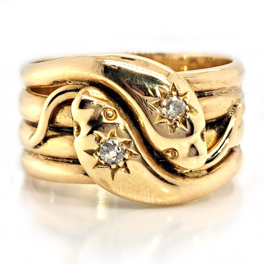 Antique Diamond Set Gold Double Snake Mens Ring