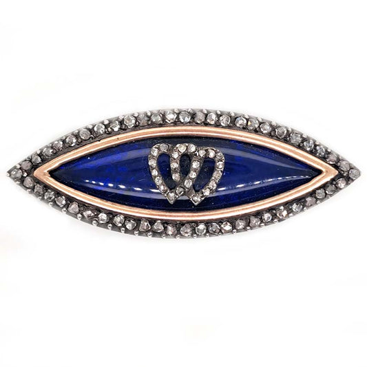 Victorian Antique Blue Enamel and Diamond Navette Brooch, navette-shaped brooch decorated with blue enamel with two diamond entwinned hearts within diamond border