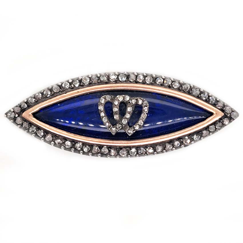 Victorian Antique Blue Enamel and Diamond Navette Brooch