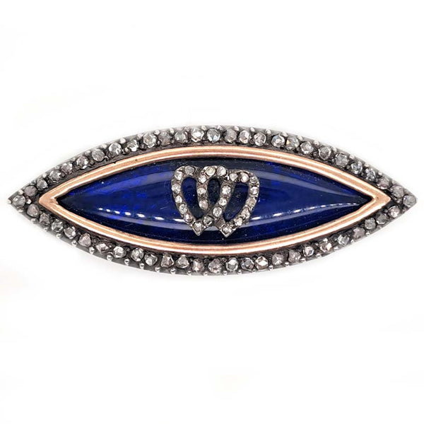 Victorian Antique Blue Enamel and Diamond Navette Brooch