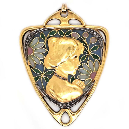 Art Nouveau Plique a Jour Enamel and Gold Pendant