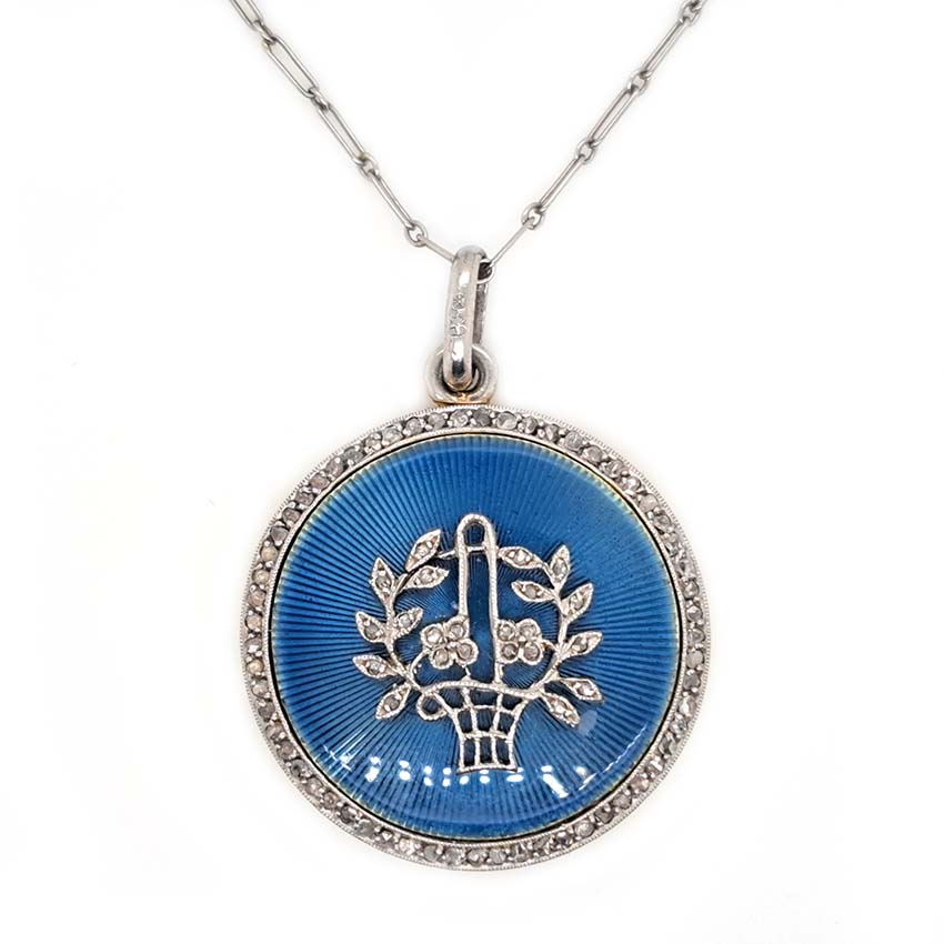 Antique Blue Enamel and Diamond Locket Pendant, cornflower blue enamel with central diamond floral pattern within diamond border. Hidden locket compartment to reverse
