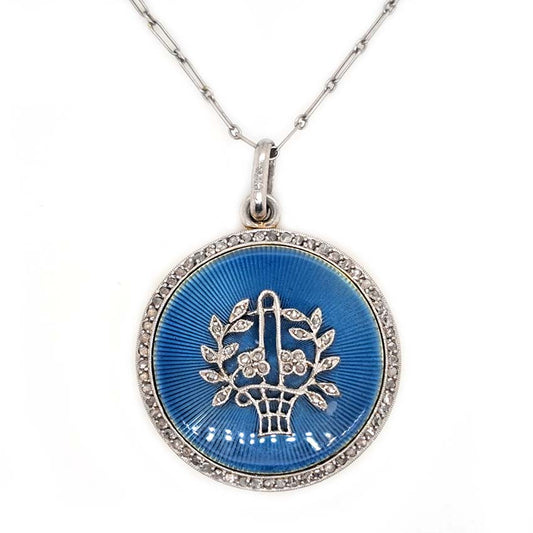 Antique Blue Enamel and Diamond Locket Pendant, cornflower blue enamel with central diamond floral pattern within diamond border. Hidden locket compartment to reverse
