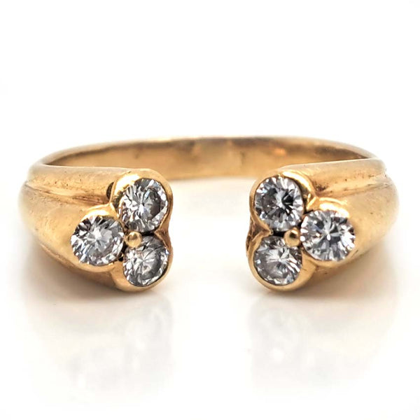 Vintage Kutchinsky Diamond Ring, tapered fluted 18ct yellow gold band to two sets of three sparkling diamonds to the front. Signed Kutchinsky, Circa 1975. Comes in a vintage Kutchinsky box