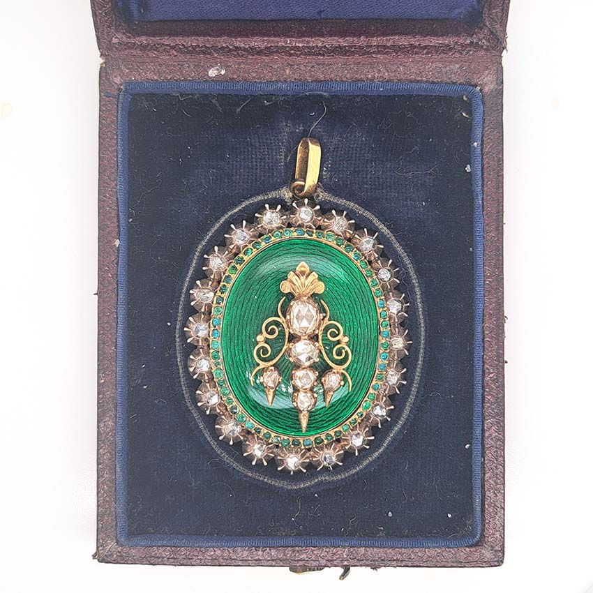 Victorian Antique Green Enamel and Diamond Locket Pendant