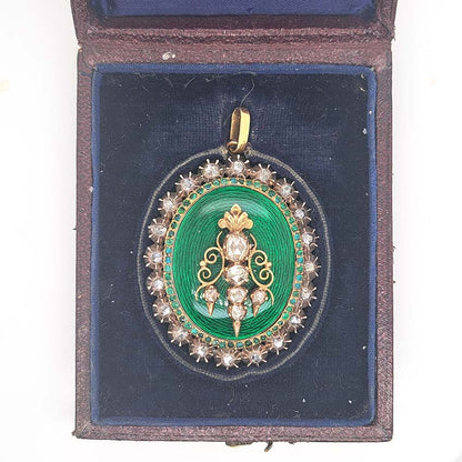 Victorian Antique Green Enamel and Diamond Locket Pendant