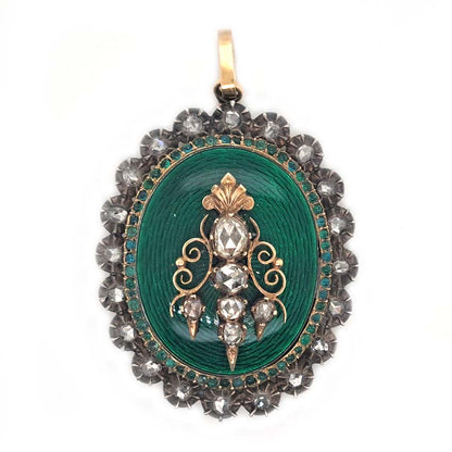 Victorian Antique Green Enamel and Diamond Locket Pendant