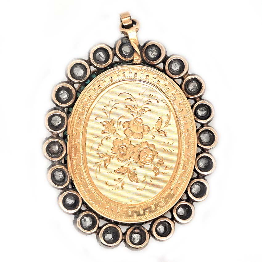 Victorian Antique Green Enamel and Diamond Locket Pendant