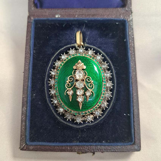 Victorian Antique Green Enamel and Diamond Locket Pendant