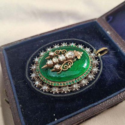 Victorian Antique Green Enamel and Diamond Locket Pendant