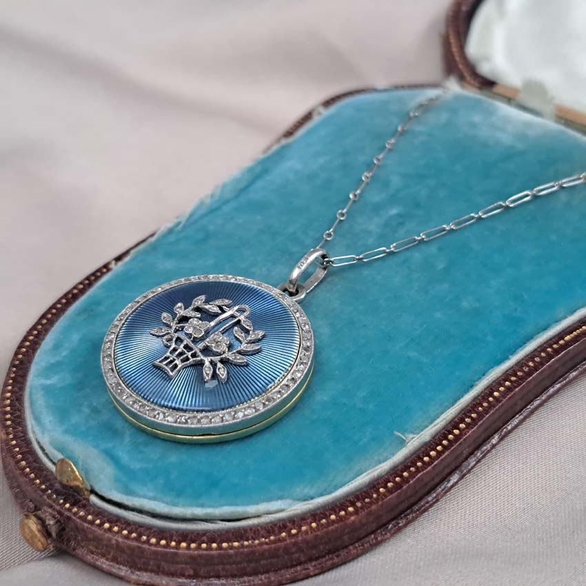 Antique Blue Enamel and Diamond Locket Pendant