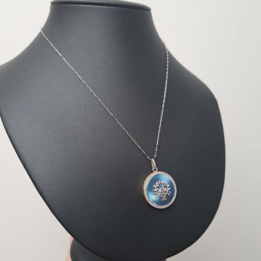 Antique Blue Enamel and Diamond Locket Pendant