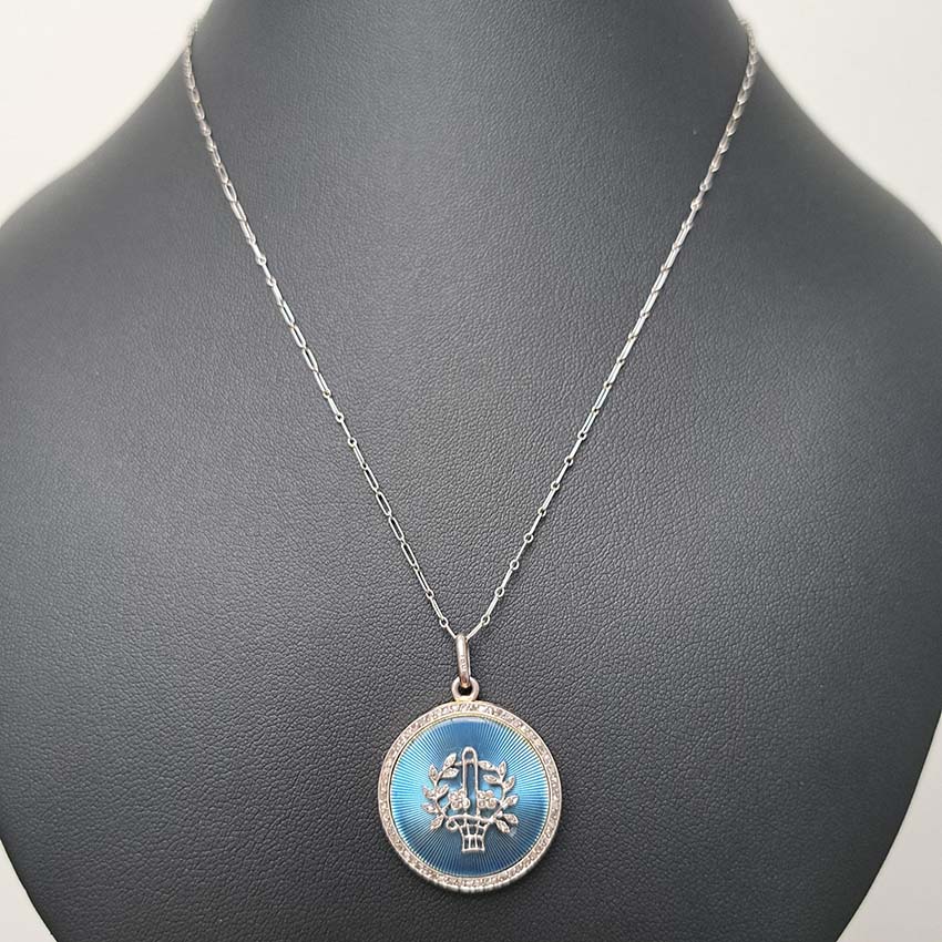 Antique Blue Enamel and Diamond Locket Pendant