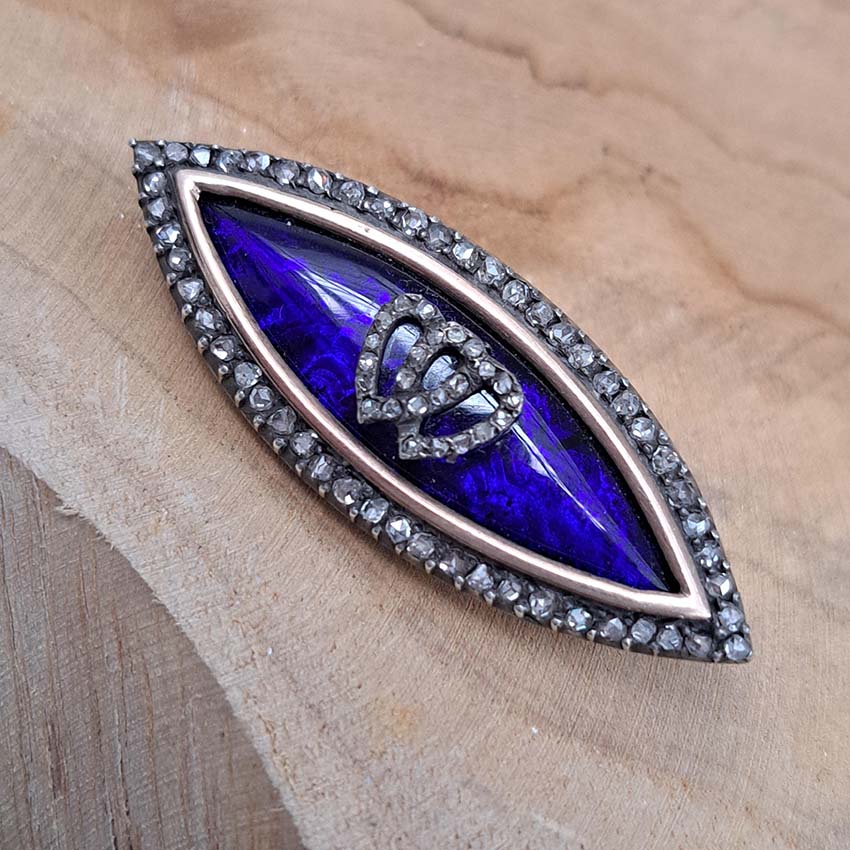 Victorian Antique Blue Enamel and Diamond Navette Brooch