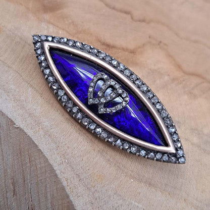 Victorian Antique Blue Enamel and Diamond Navette Brooch
