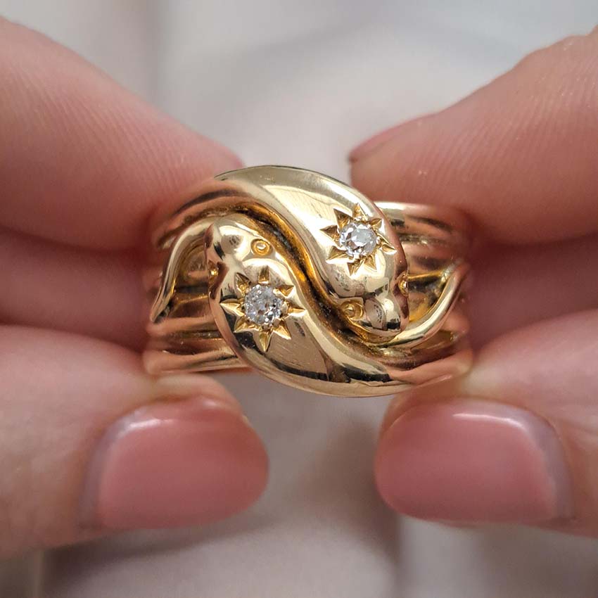 Antique Diamond Set Gold Double Snake Mens Ring