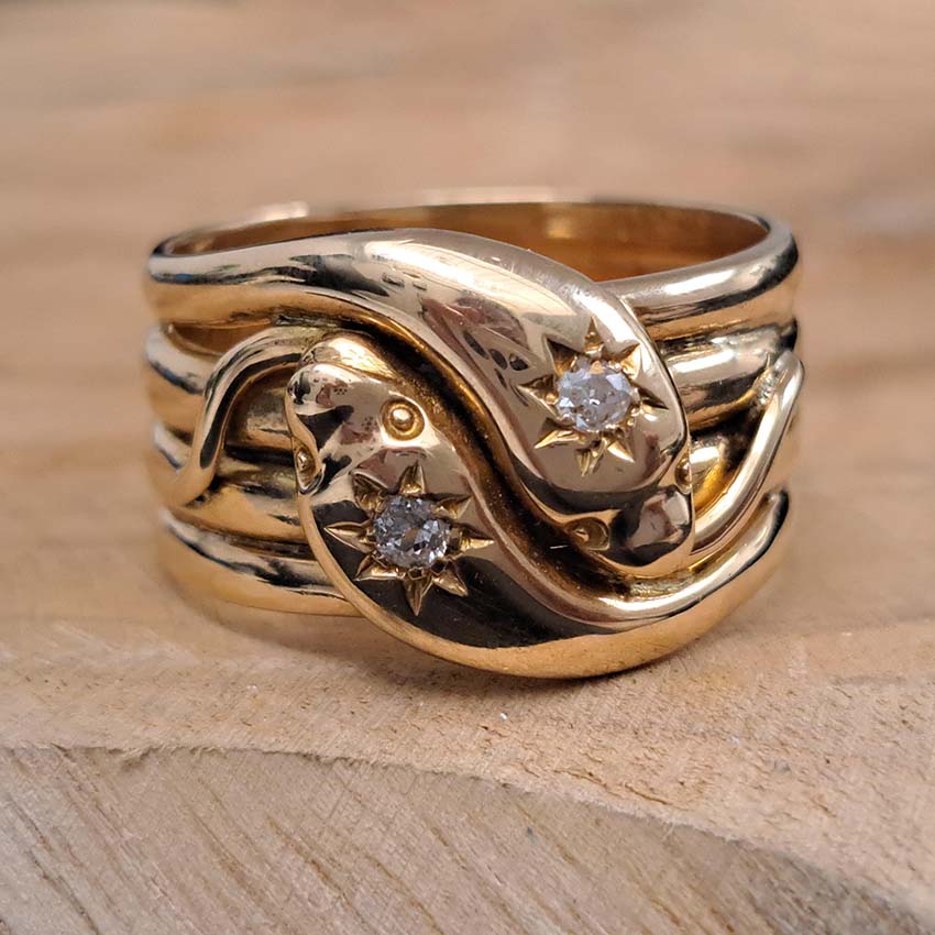 Antique Diamond Set Gold Double Snake Mens Ring