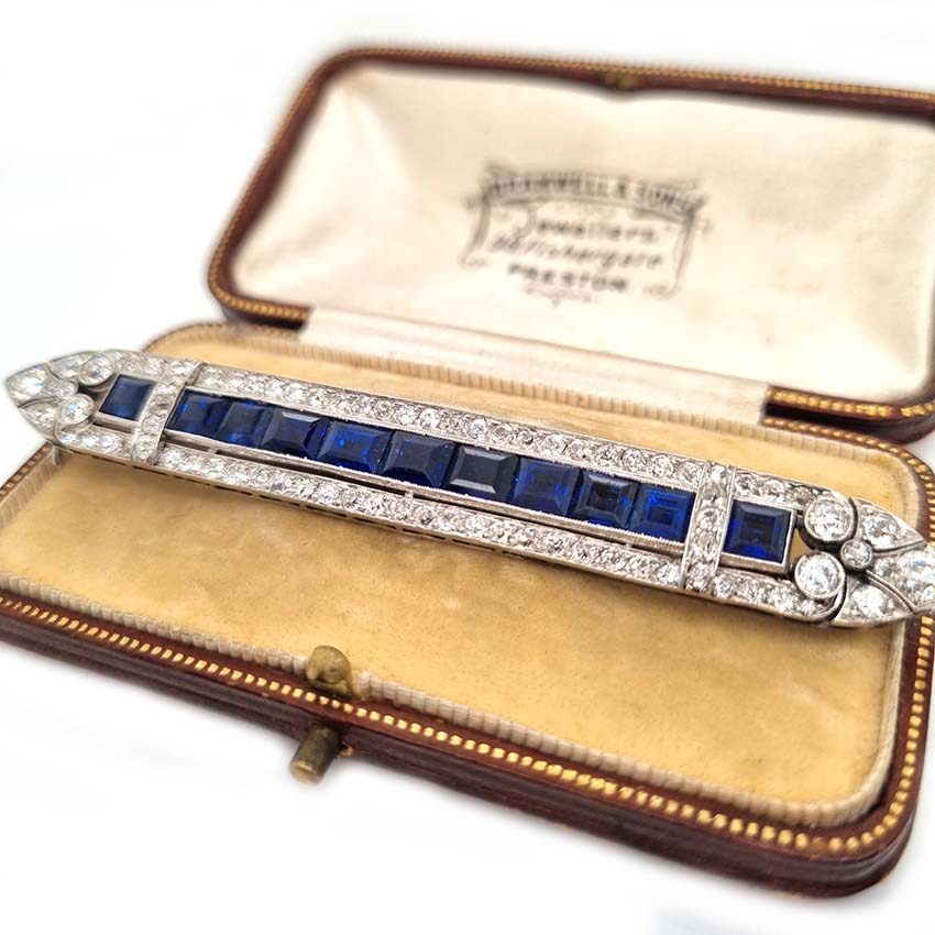 Art Deco 5.5ct Sapphire and Diamond Bar Brooch in Platinum