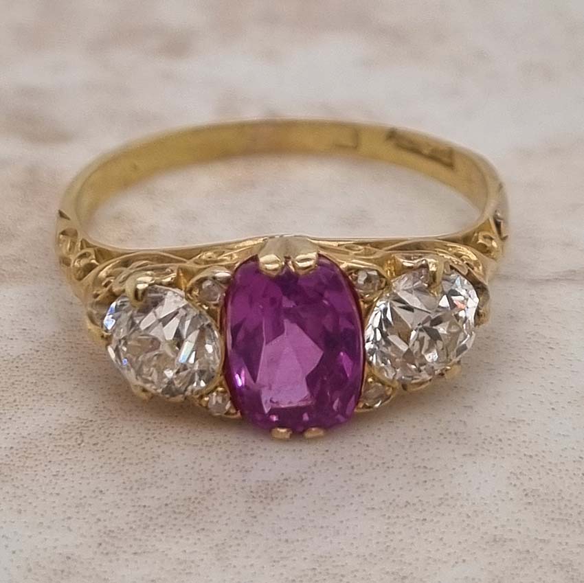 Antique 2ct Pink Sapphire and Diamond Trilogy Engagement Ring