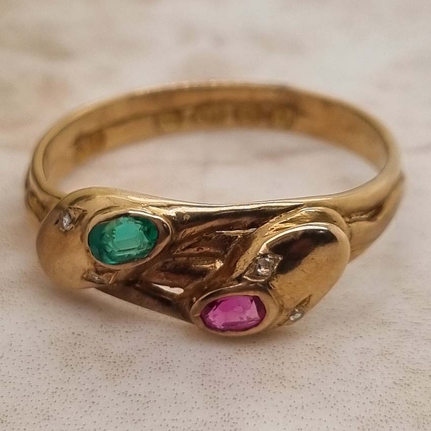 Vintage Gem Set Gold Double Snake Ring