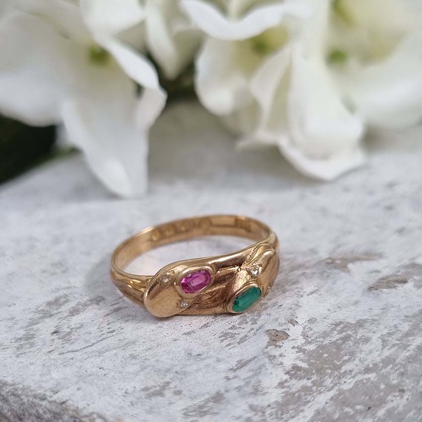 Vintage Gem Set Gold Double Snake Ring