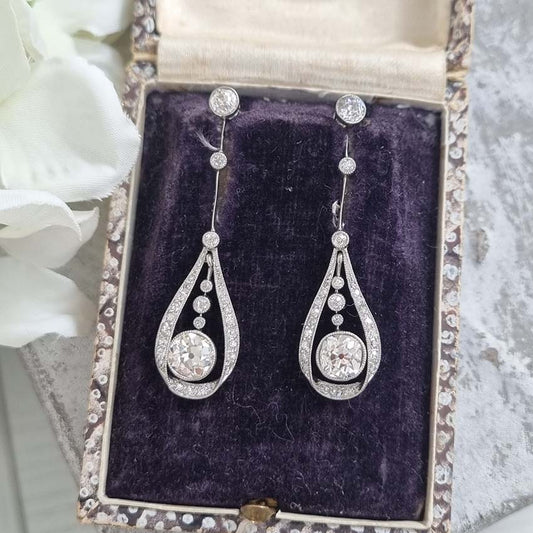 Antique Edwardian Belle Epoque Old Cut Diamond Drop Earrings, millegrain set in platinum. Circa 1900