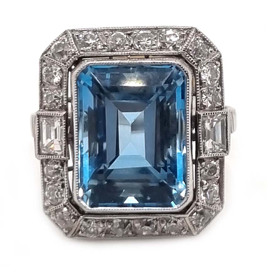 Vintage Santa Maria Aquamarine and Diamond Cluster Dress Ring, intense blue emerald-cut aquamarine millegrain set within 1ct old-cut diamond border in platinum
