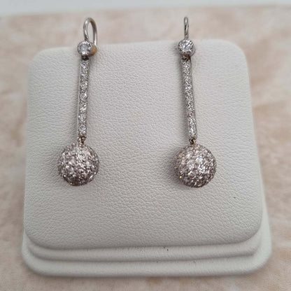 Vintage 1ct Diamond Ball Sphere Cluster Drop Earrings