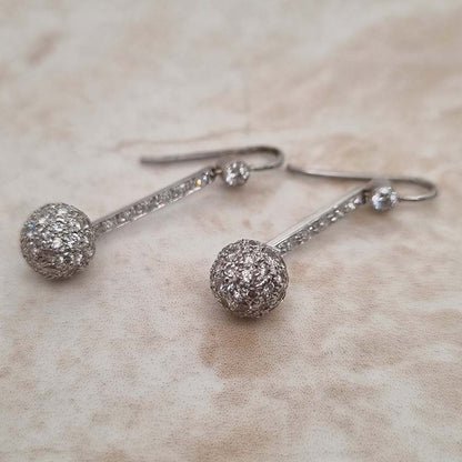 Vintage 1ct Diamond Ball Sphere Cluster Drop Earrings