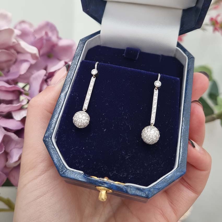 Vintage 1ct Diamond Ball Sphere Cluster Drop Earrings