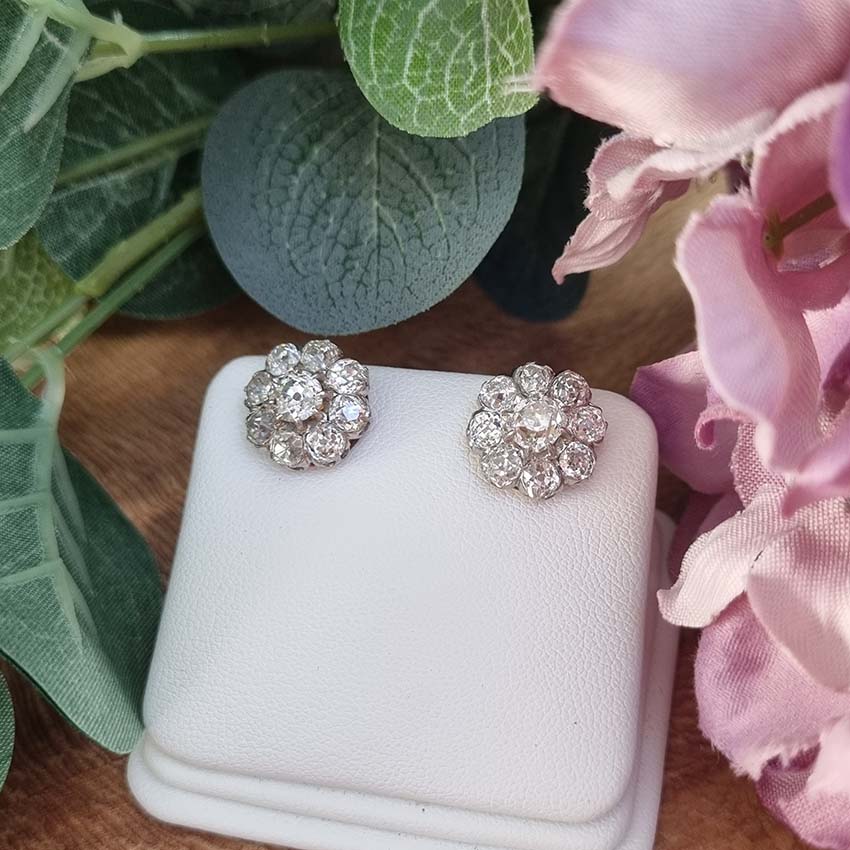 Antique French 5.20ct Old Cut Diamond Cluster Stud Earrings